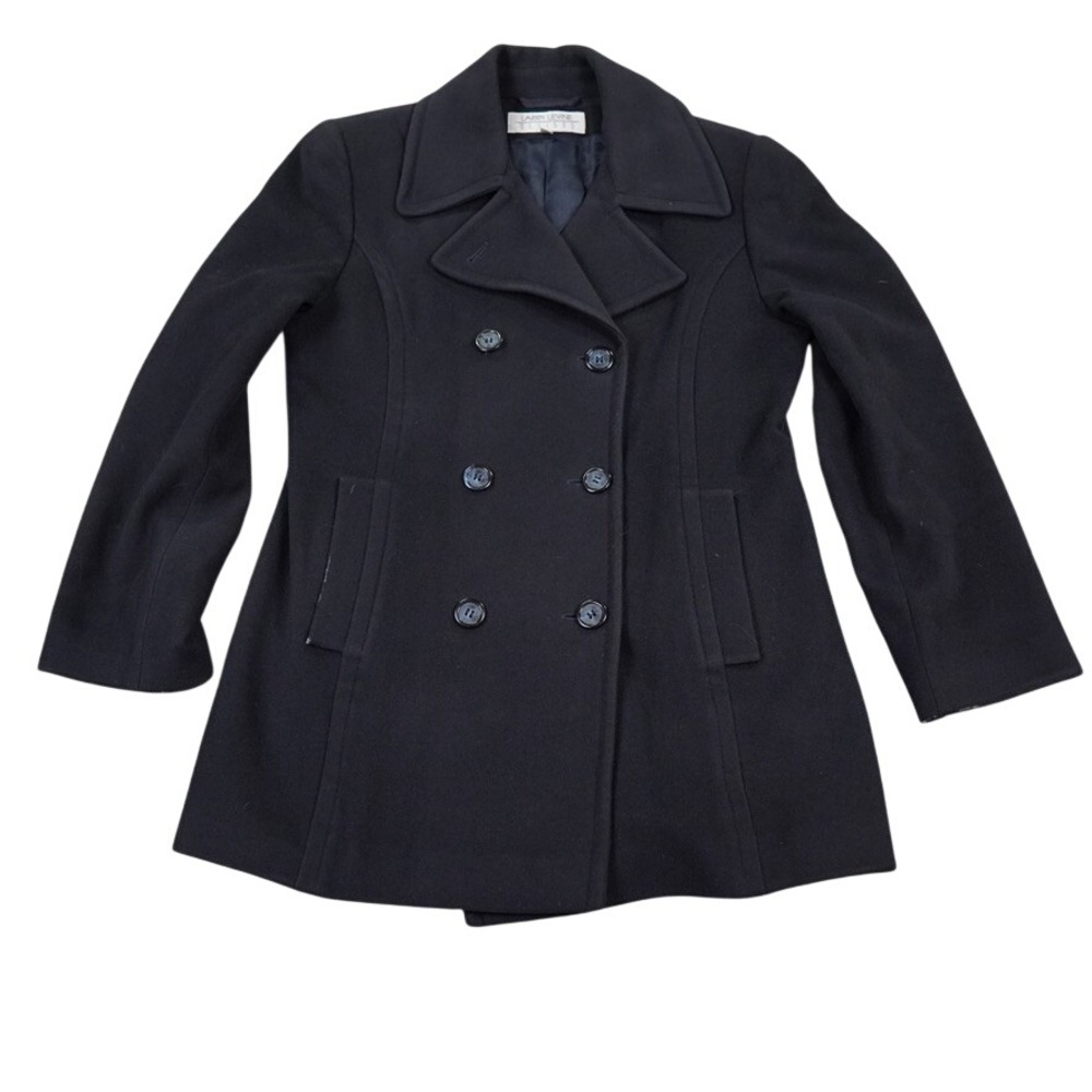Larry Levine Pea Coat Women 10 Black Double Breasted Cashmere Lambswool Jacket